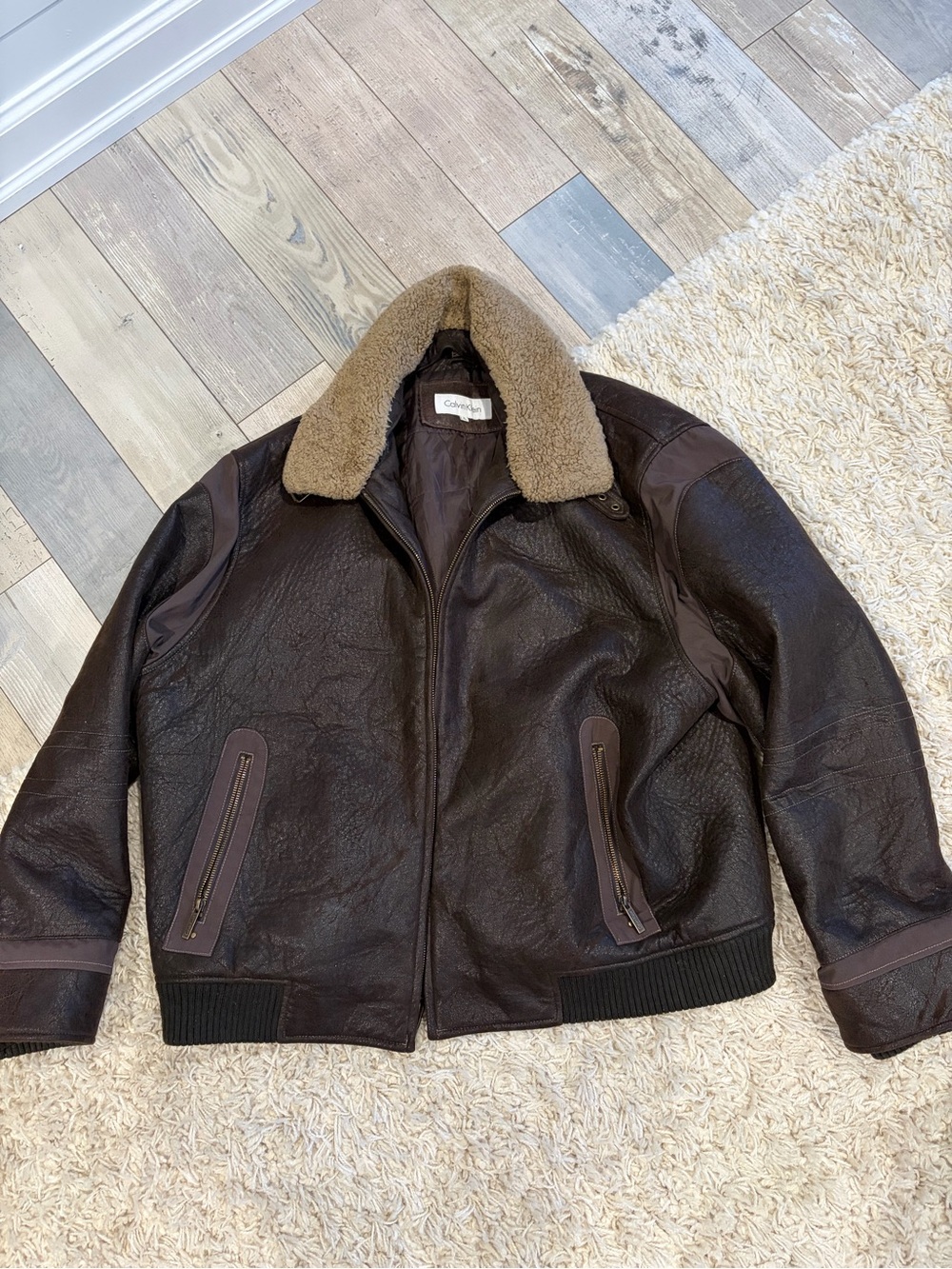Vintage Calvin Klein Brown Leather Bomber with Shearling Collar